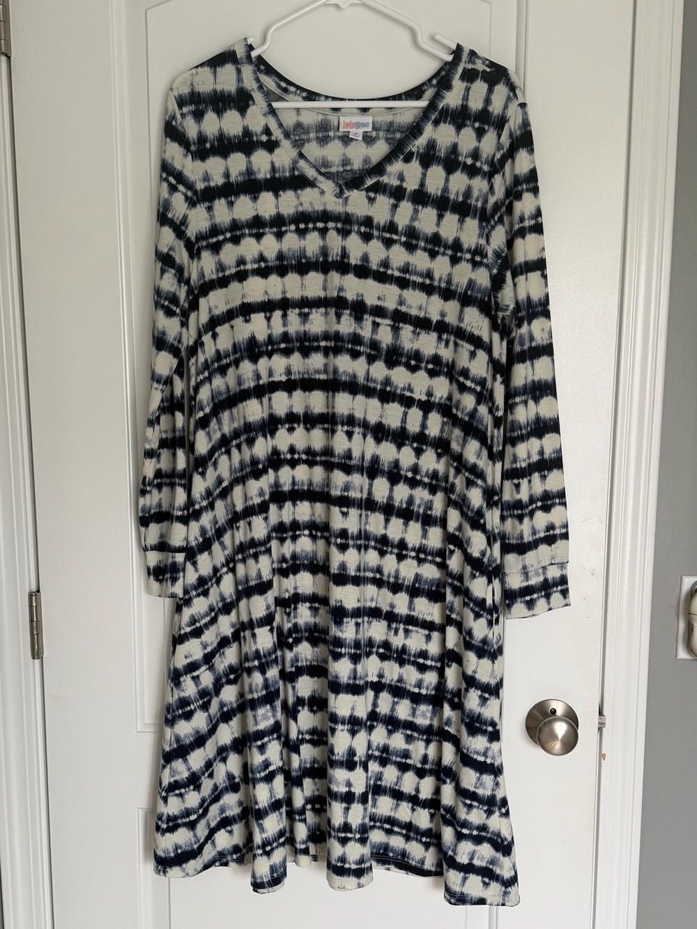 LuLaRoe Emily Navy and White Tie-Dye V-Neck Long Sleeve Swing Dress